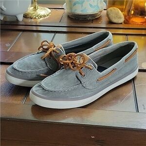 Sperry Gray Canvas Loafers with Tan Laces